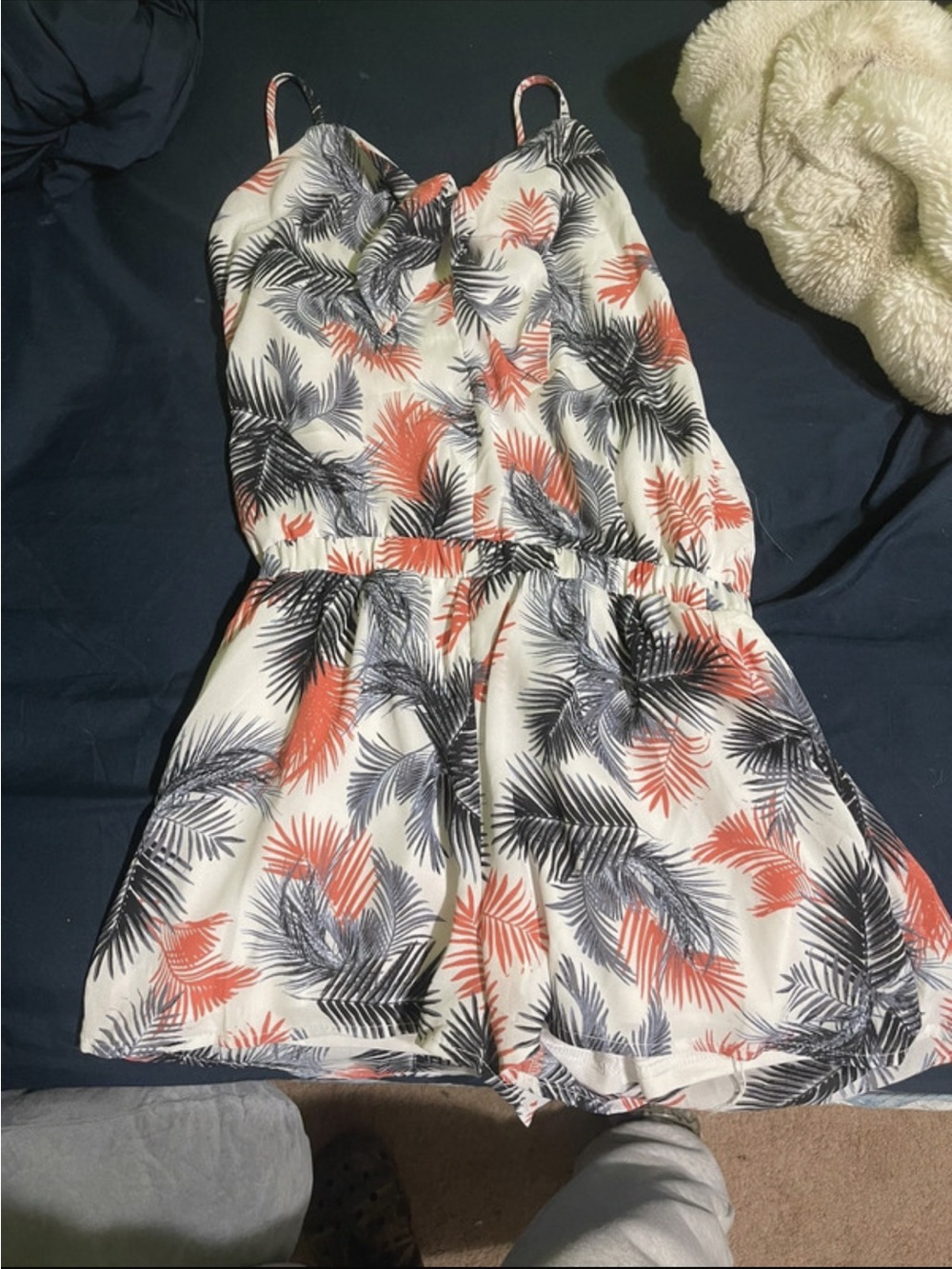 Crescent White Romper with Coral and Navy Palm Print